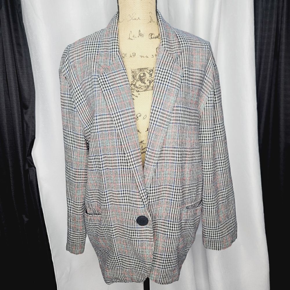 Vintage 90s Dark Academia Classic Black Red Plaid Wool Blazer
